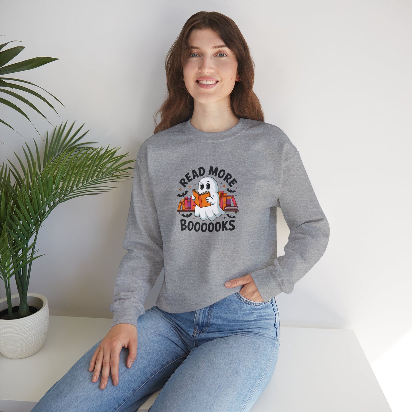 Cute Ghost Crewneck Sweatshirt, Read More Books, Cozy Halloween Gift, Book Lover Apparel, Spooky Season Clothing, Fun Fall Sweater