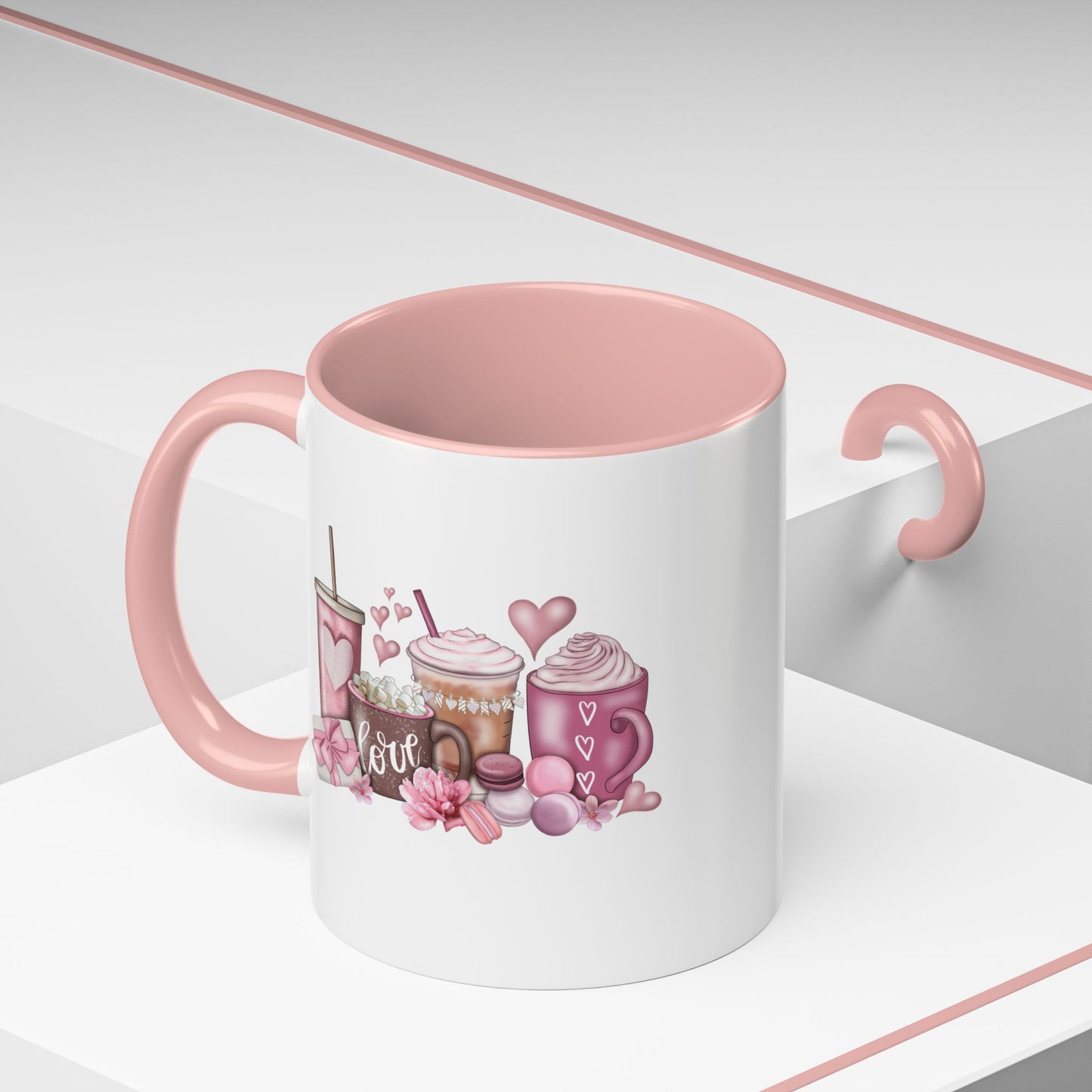 Valentines Day Coffee Macaroons Hot Chocolate White Ceramic Coffee Mug Pink Interior 11oz