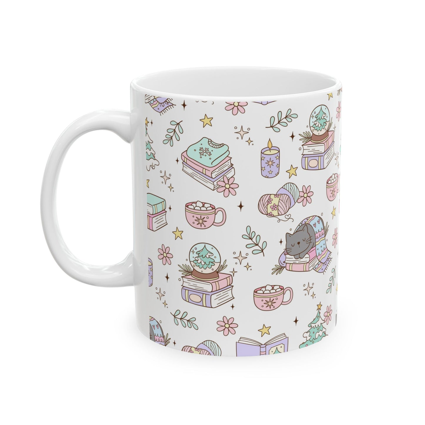 Cozy Holiday Ceramic Mug, Cute Animal Design, Perfect for Christmas Gift, Winter, Book Lovers, Hot Chocolate