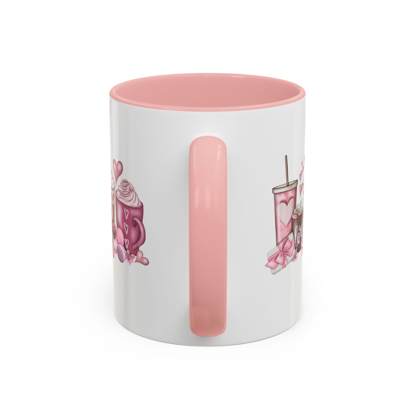 Valentines Day Coffee Macaroons Hot Chocolate White Ceramic Coffee Mug Pink Interior 11oz