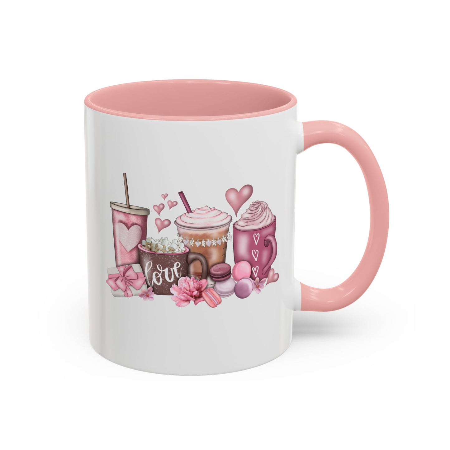 Valentines Day Coffee Macaroons Hot Chocolate White Ceramic Coffee Mug Pink Interior 11oz