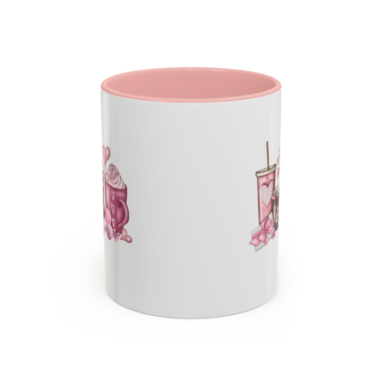 Valentines Day Coffee Macaroons Hot Chocolate White Ceramic Coffee Mug Pink Interior 11oz