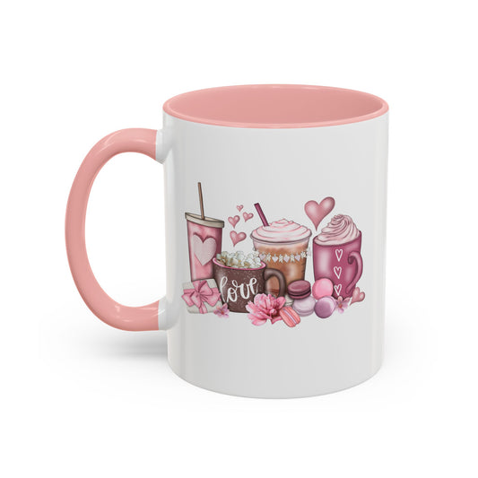 Valentines Day Coffee Macaroons Hot Chocolate White Ceramic Coffee Mug Pink Interior 11oz