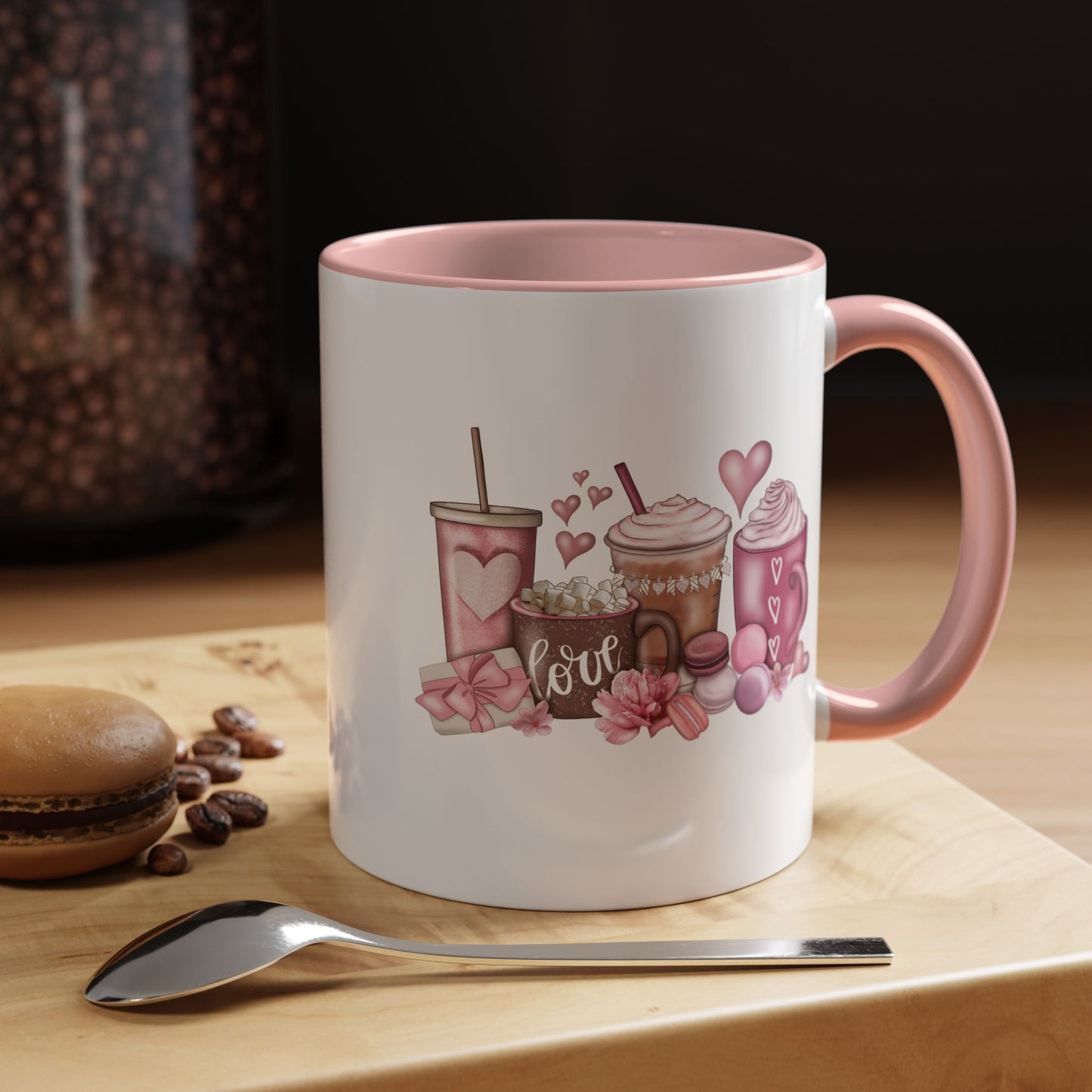 Valentines Day Coffee Macaroons Hot Chocolate White Ceramic Coffee Mug Pink Interior 11oz