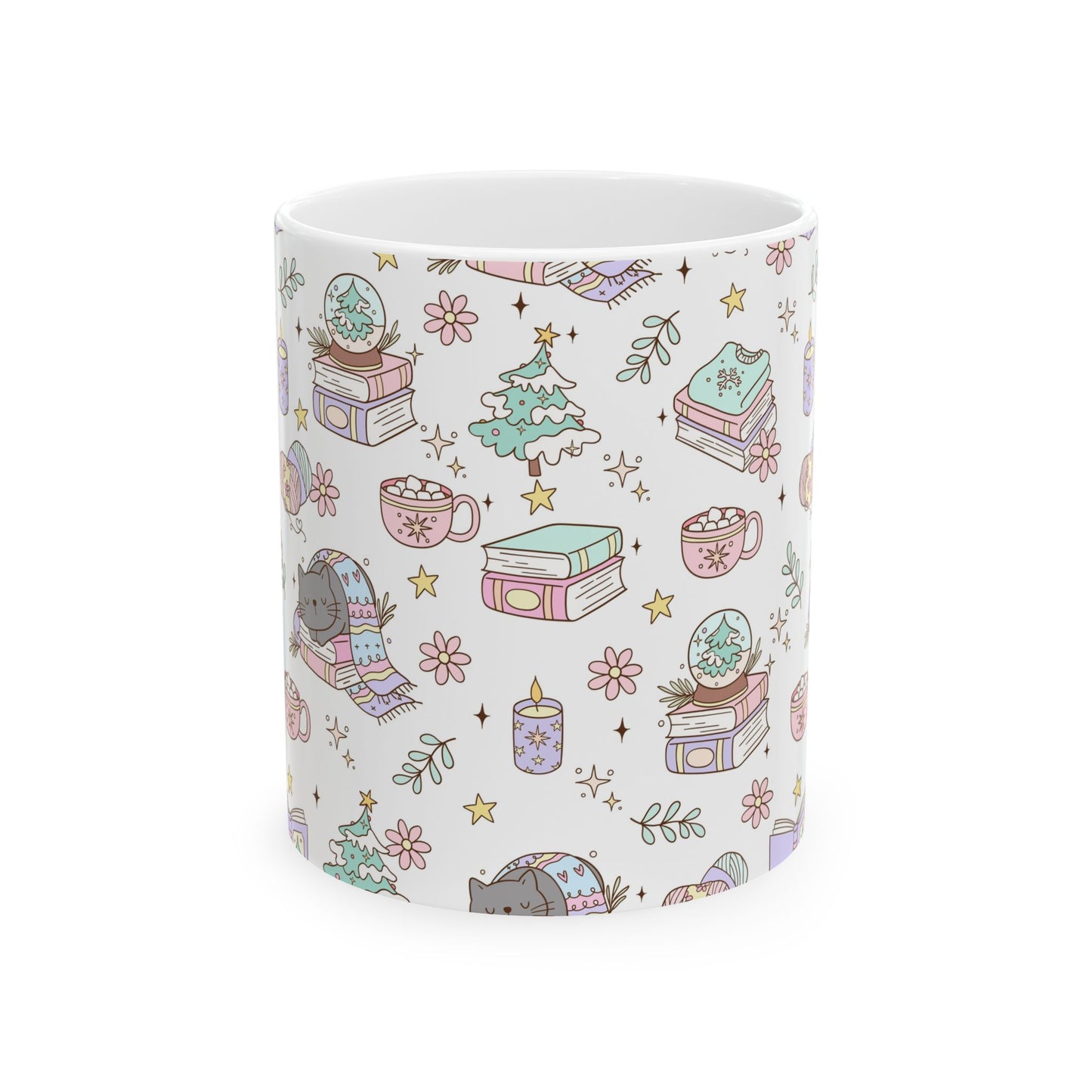 Cozy Holiday Ceramic Mug, Cute Animal Design, Perfect for Christmas Gift, Winter, Book Lovers, Hot Chocolate