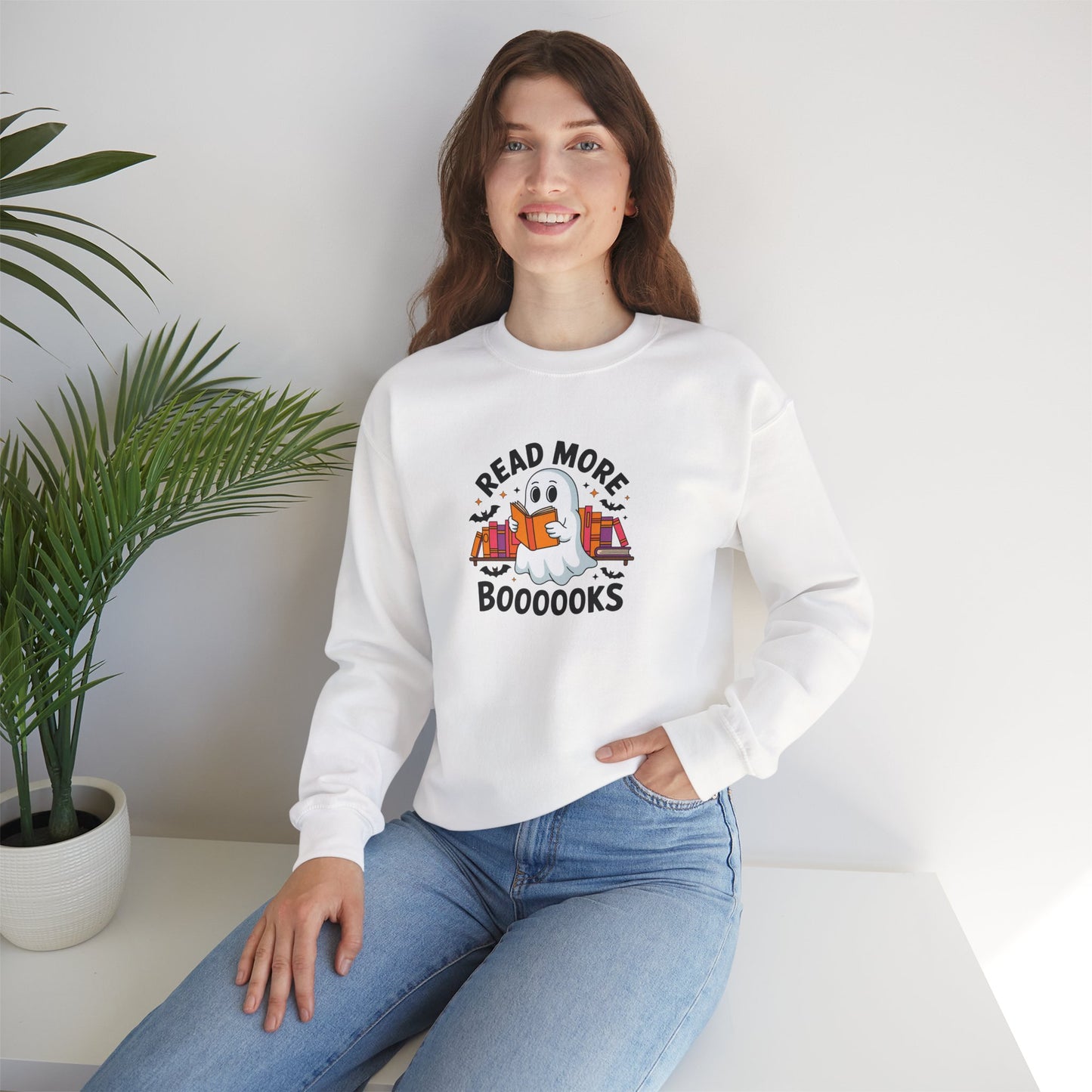 Cute Ghost Crewneck Sweatshirt, Read More Books, Cozy Halloween Gift, Book Lover Apparel, Spooky Season Clothing, Fun Fall Sweater