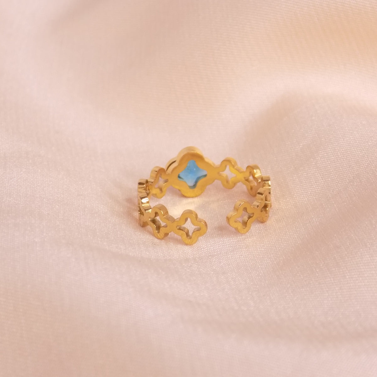 Blue Clover Ring 18K Gold Stainless Steel Adjustable Minimalist Jewelry
