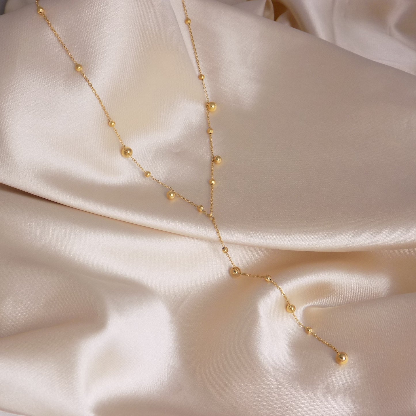 18K Gold Lariat Necklace with Round Golden Balls Stainless Steel - Minimalist Layering Jewelry