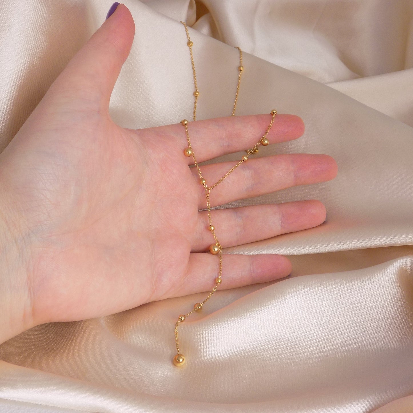 18K Gold Lariat Necklace with Round Golden Balls Stainless Steel - Minimalist Layering Jewelry