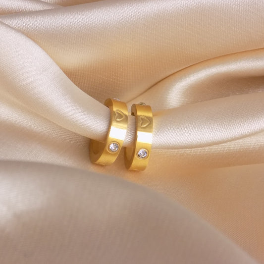 Small Gold Hoop Earrings with Engraved Hearts and Cubic Zirconia - 18K Gold Stainless Steel