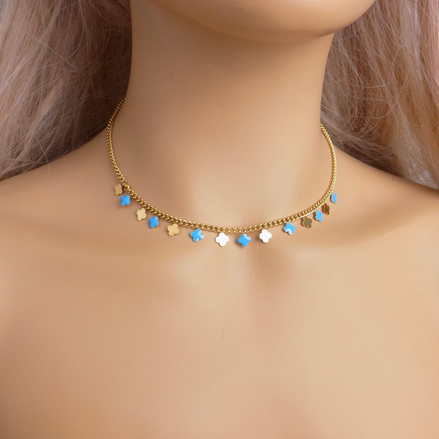 Gold Clover Necklace - Turquoise Enamel - 18K Gold Stainless steel