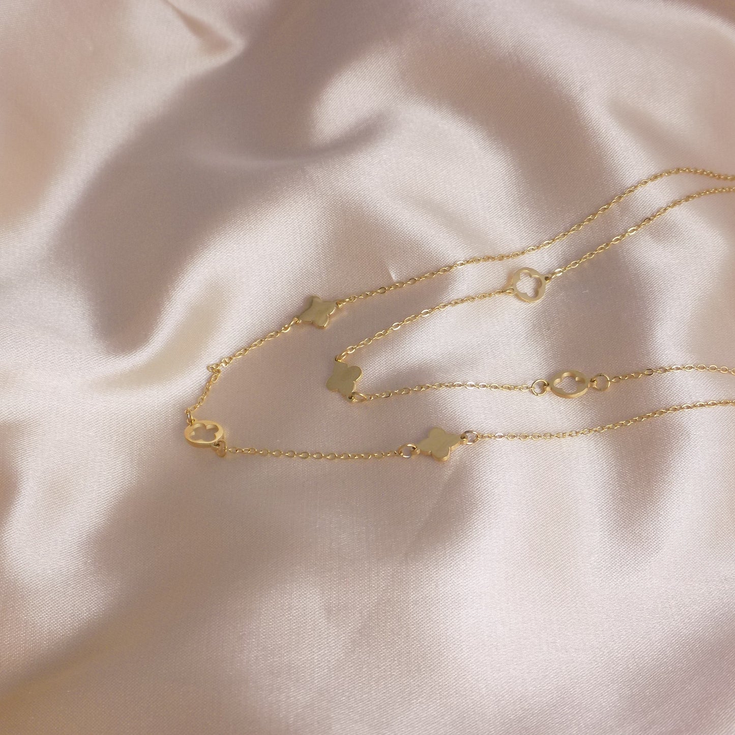 Double Strand Gold Minimalist Necklace with Clover Charms - Stainless Steel