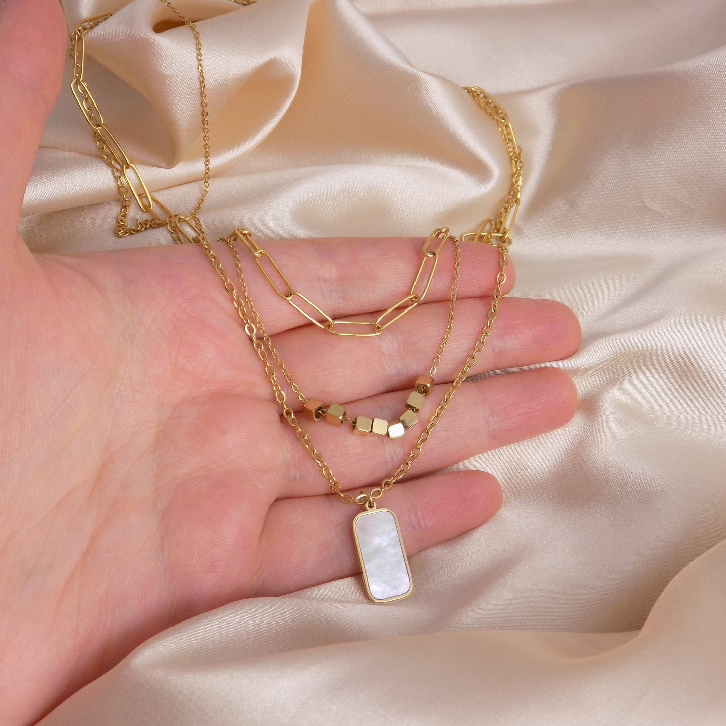 Trendy Gold Layered Necklace - Paperclip Chain - Mother of Pearl Charm - 18K Gold Stainless Steel