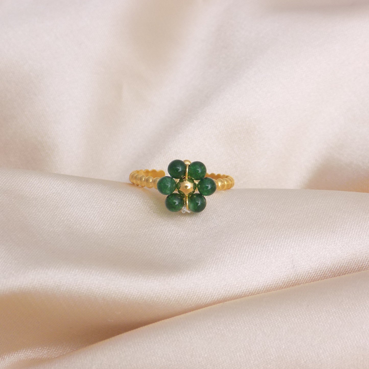 Green Beaded Flower Ring Adjustable 18K Gold Stainless Steel - Minimalist Jewelry