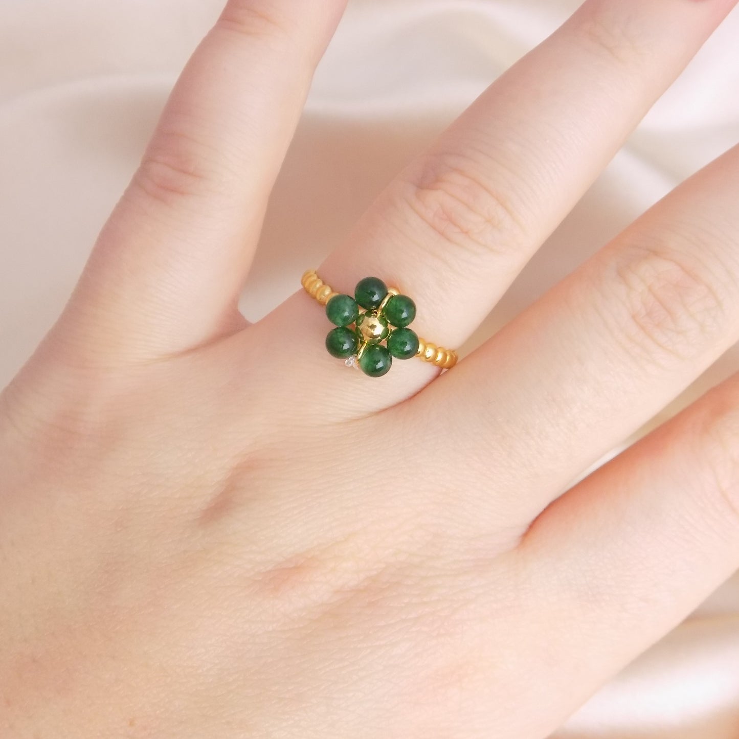 Green Beaded Flower Ring Adjustable 18K Gold Stainless Steel - Minimalist Jewelry
