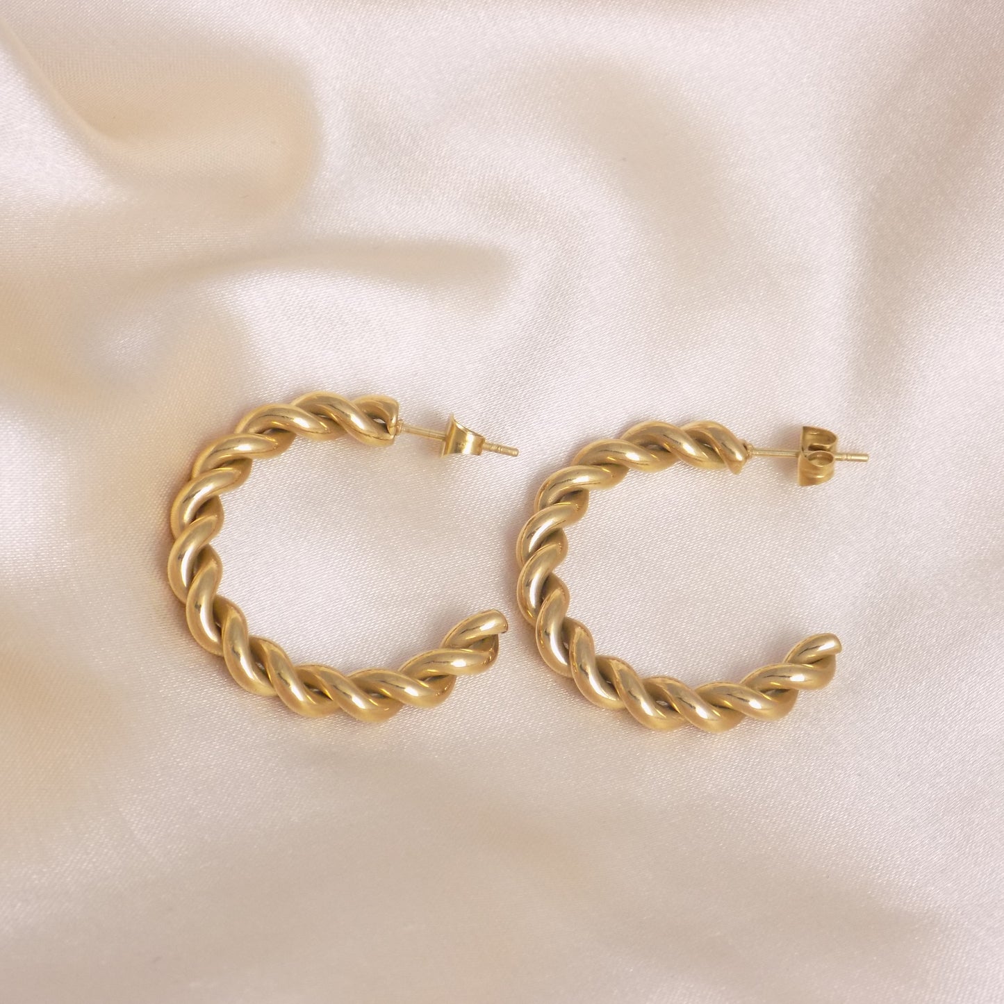 18K Gold Twisted Hoop Earrings Studs Stainless Steel - Minimalist Everyday Jewelry