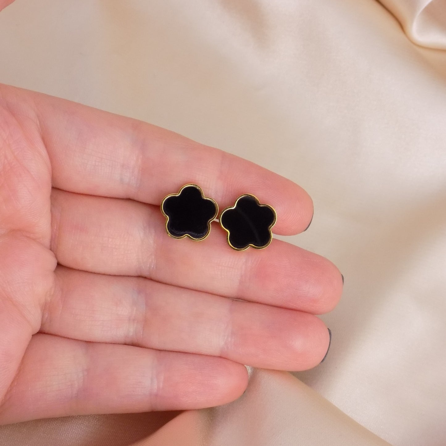Black Clover Earrings Studs Gold Plated Satinless Steel Flower