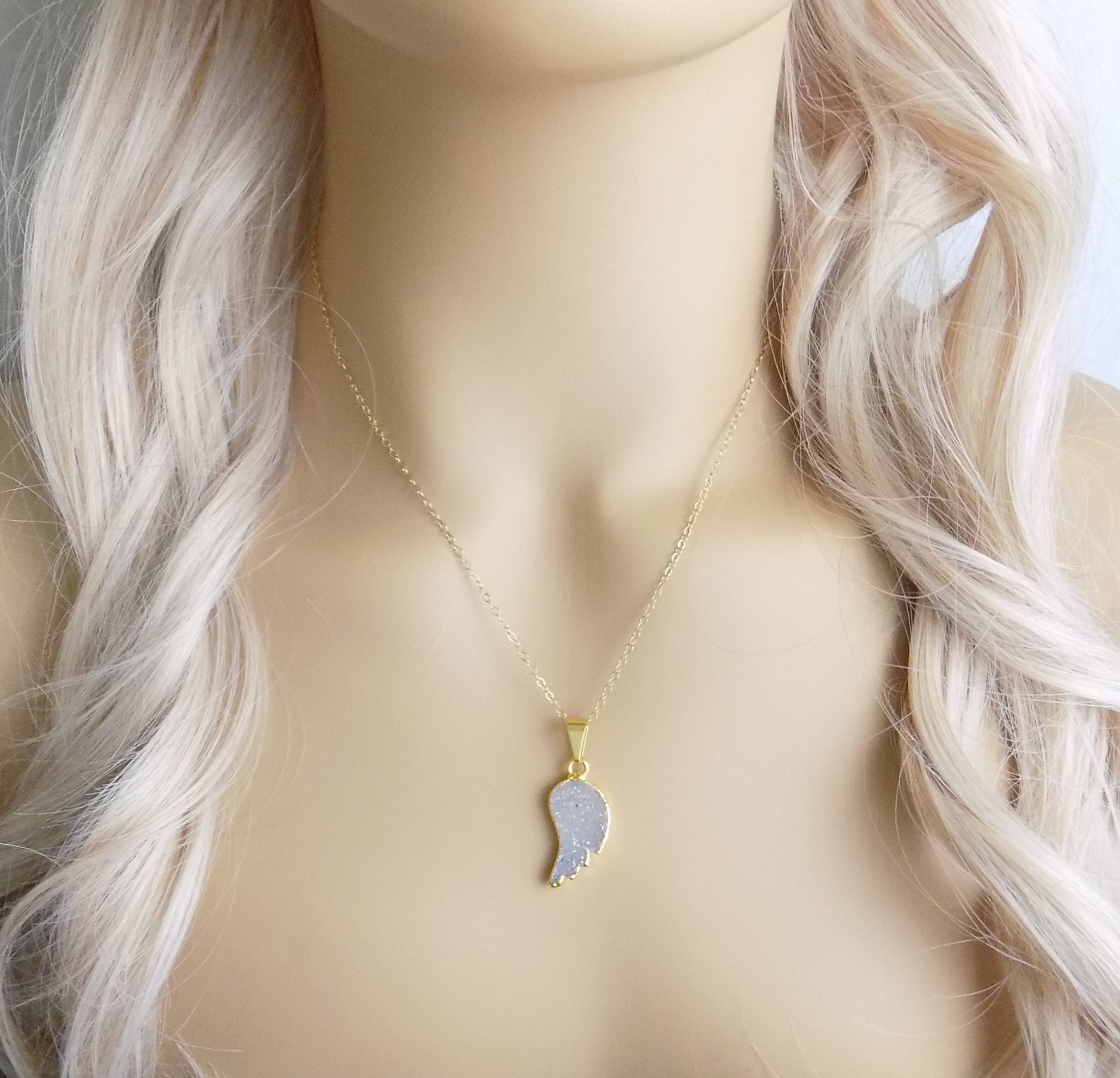 Personalized Angel Wing Necklace Gold - Natural Druzy Pendant