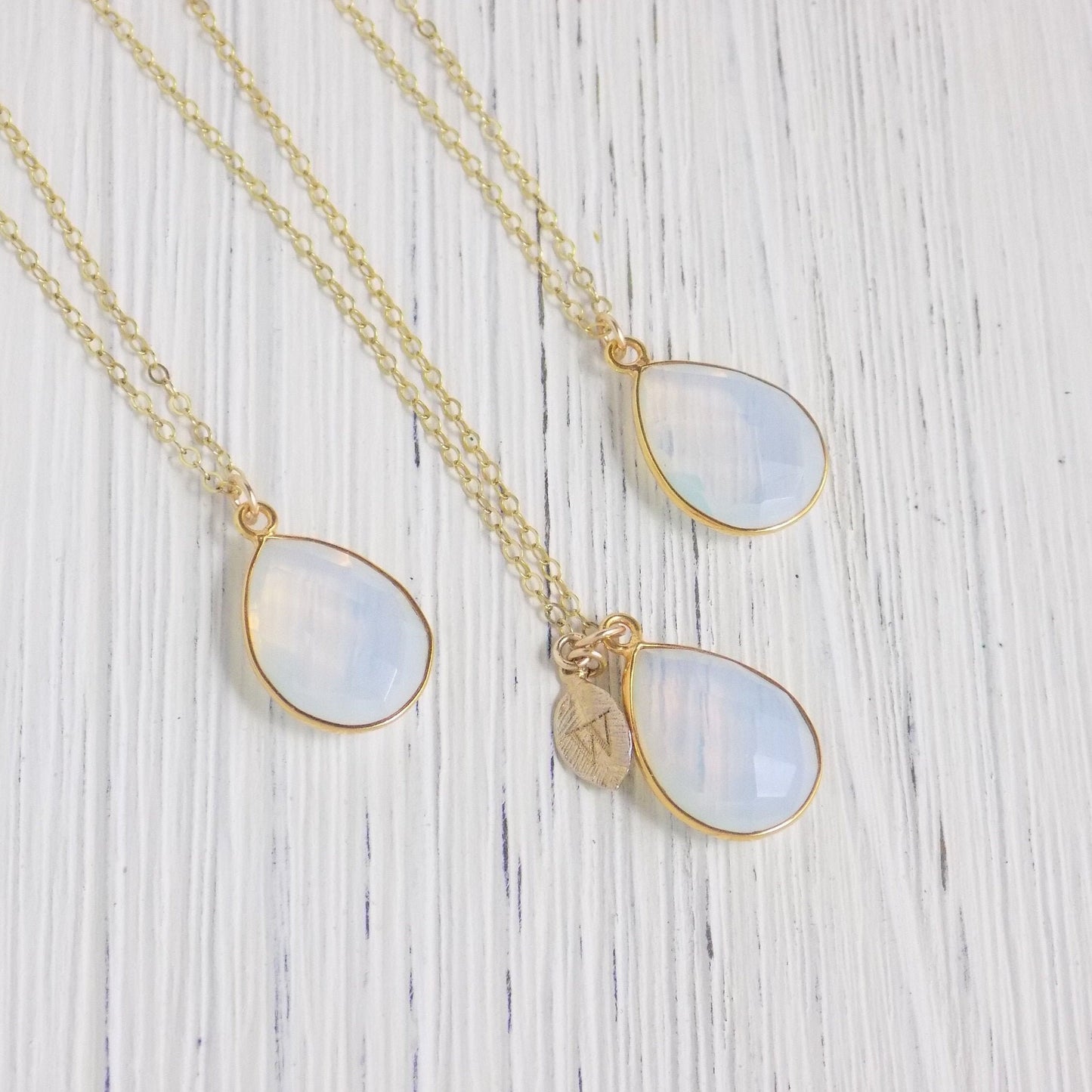October Birthstone, Opalite Necklace Gold, Personalized Opal With Initial Charm, Teardrop Stone Faceted, Birthday Gift Women, M3-68