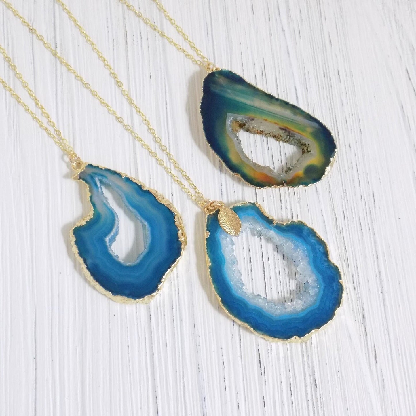 Teal Geode Slice Crystal Necklace With Custom Initial on Gold Chain, Gift For Mom, G13-302