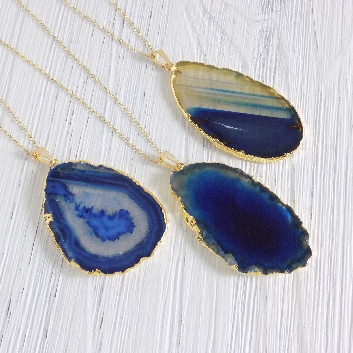 Gold Agate Necklace Blue - Slice Agate Pendant Gemstone Necklace Large