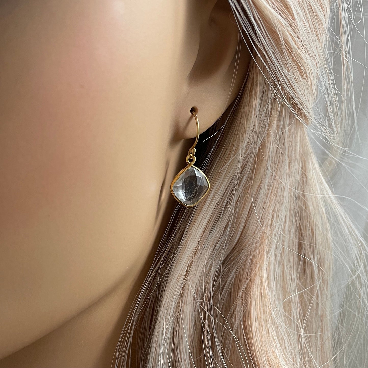 Cushion Cut Clear Crystal Quartz Earrings in Gold Plating, M5-300