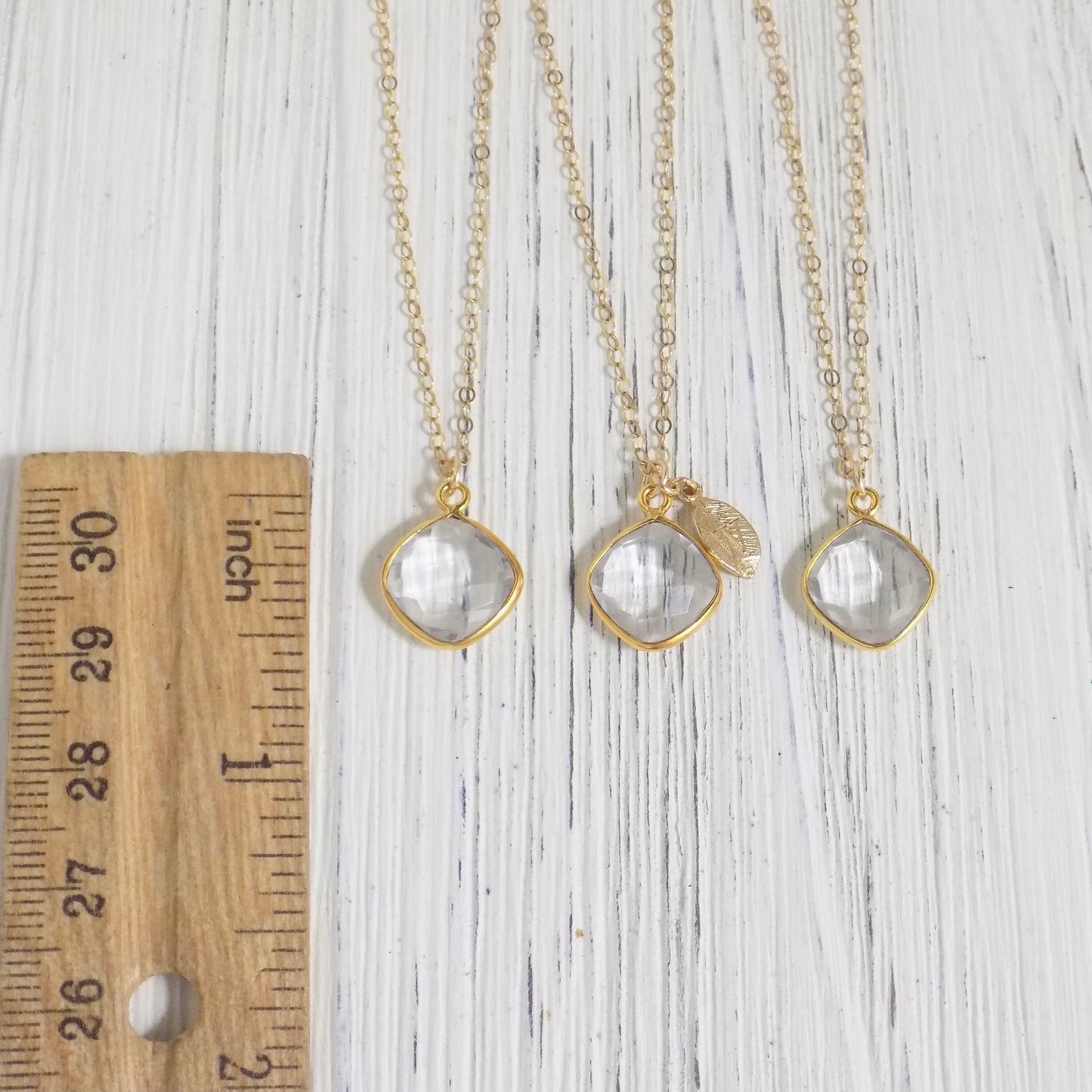 April Birthstone Natural Clear Crystal Gemstone Necklace Gold with Custom Initial, Gift For Mom, M6-60