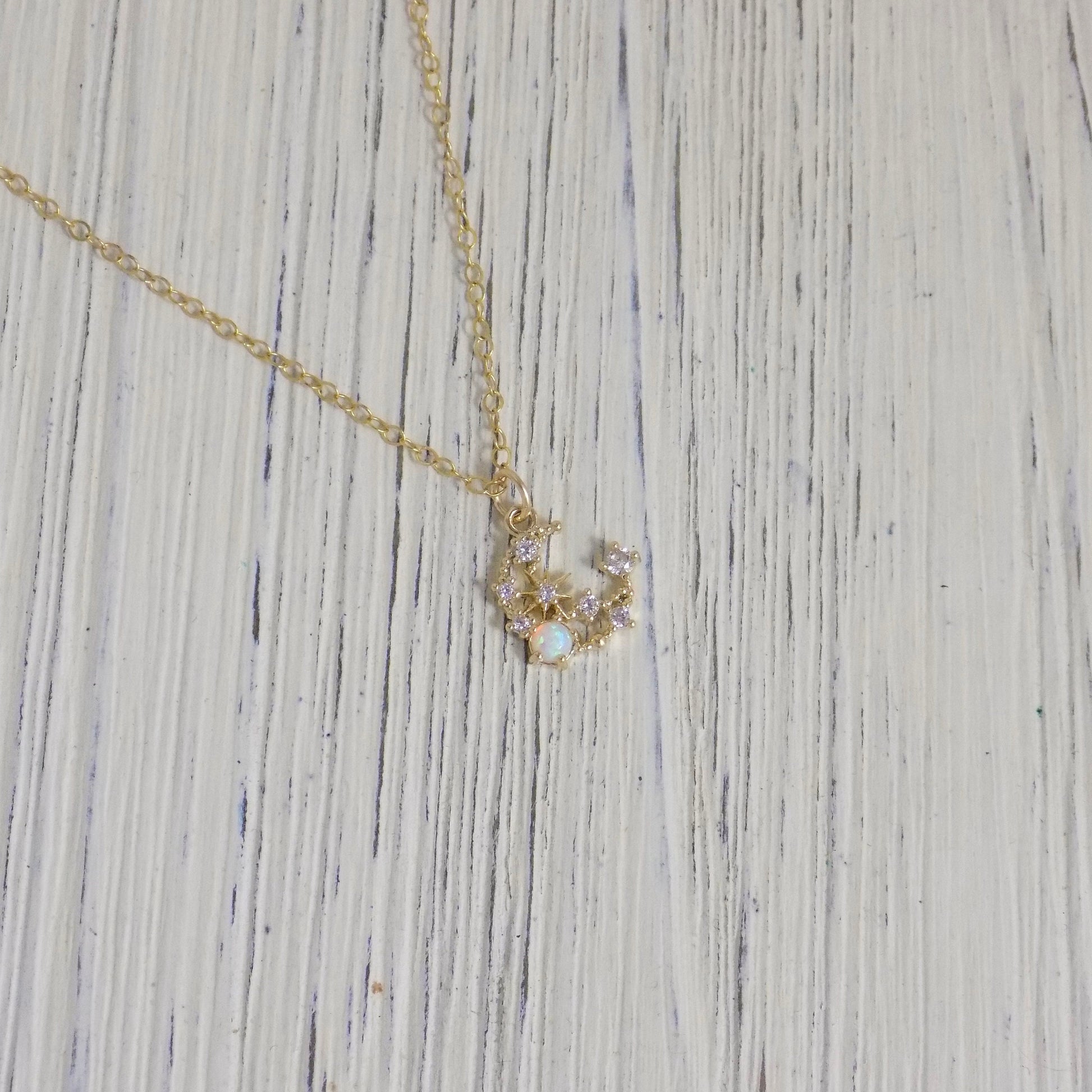 Crescent Moon Opal Necklace with Cubic Zirconia, Minimalist Gold Layer, Gift For Best Friend, M5-351