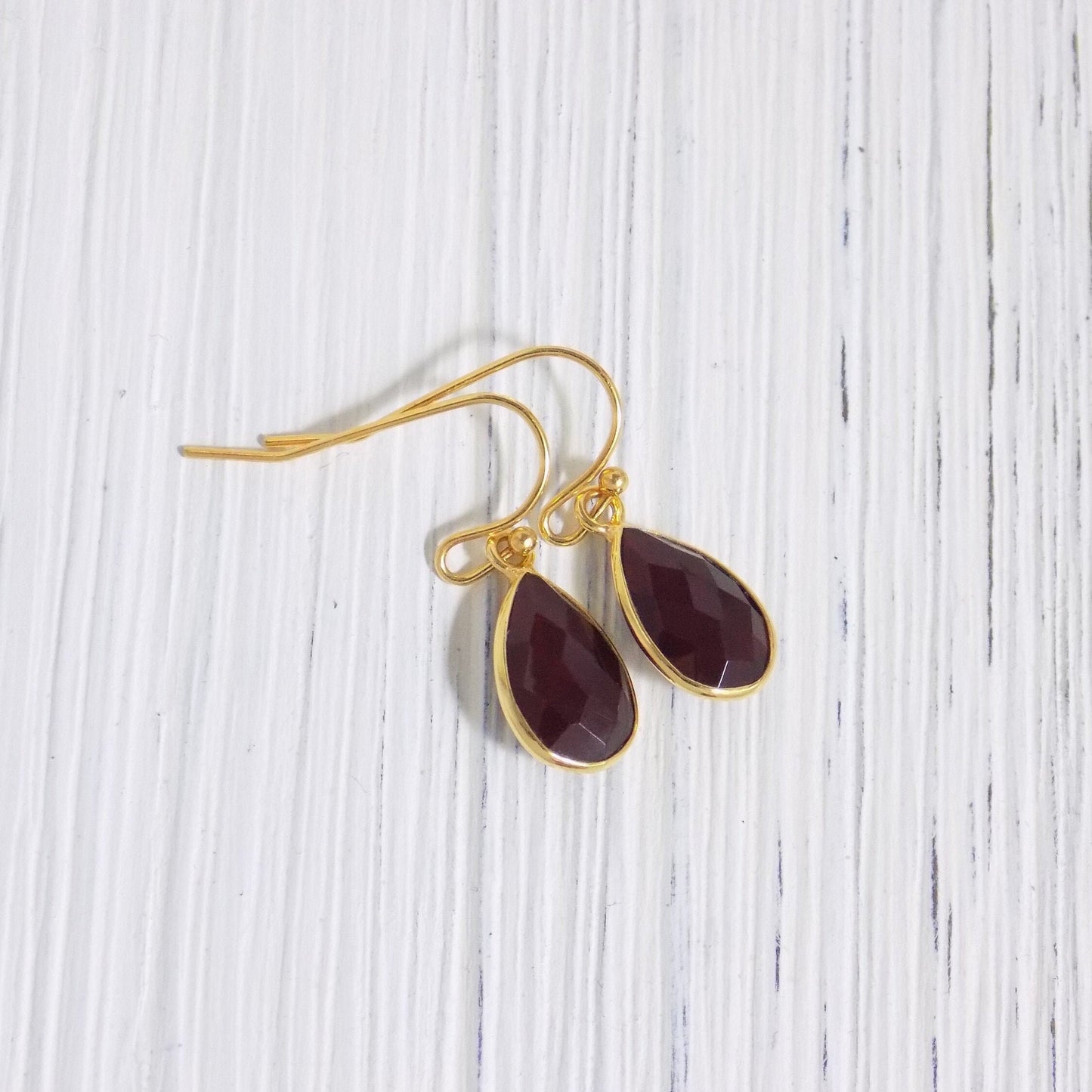 Small Garnet Earrings Gold, Dark Red Stone Drop Earring Burgundy, Teardrop Faceted Crystal Dangle, Bridesmaid Gifts, M4-42