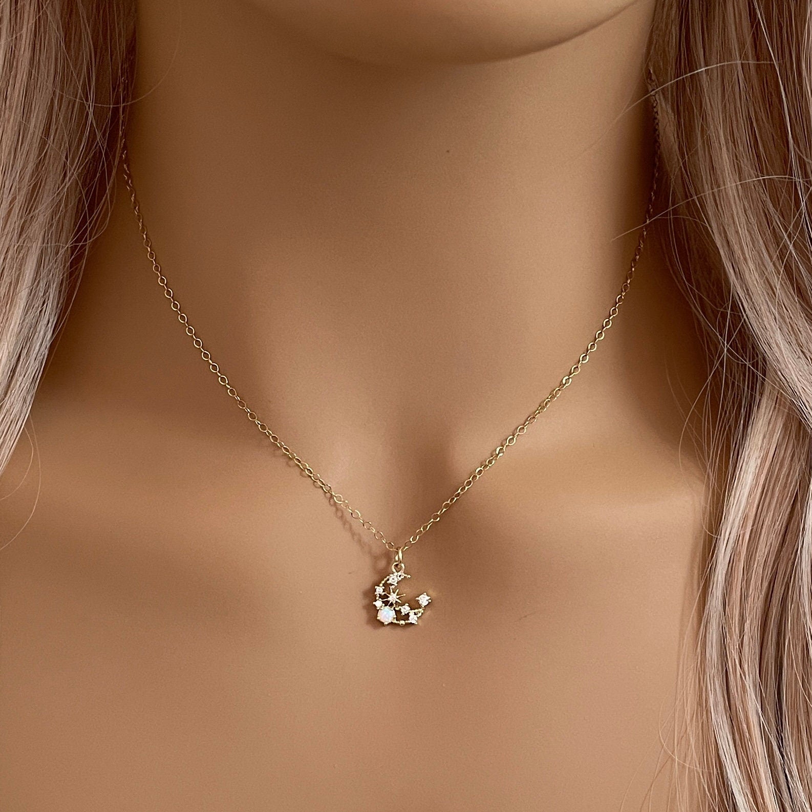 Crescent Moon Opal Necklace with Cubic Zirconia, Minimalist Gold Layer, Gift For Best Friend, M5-351