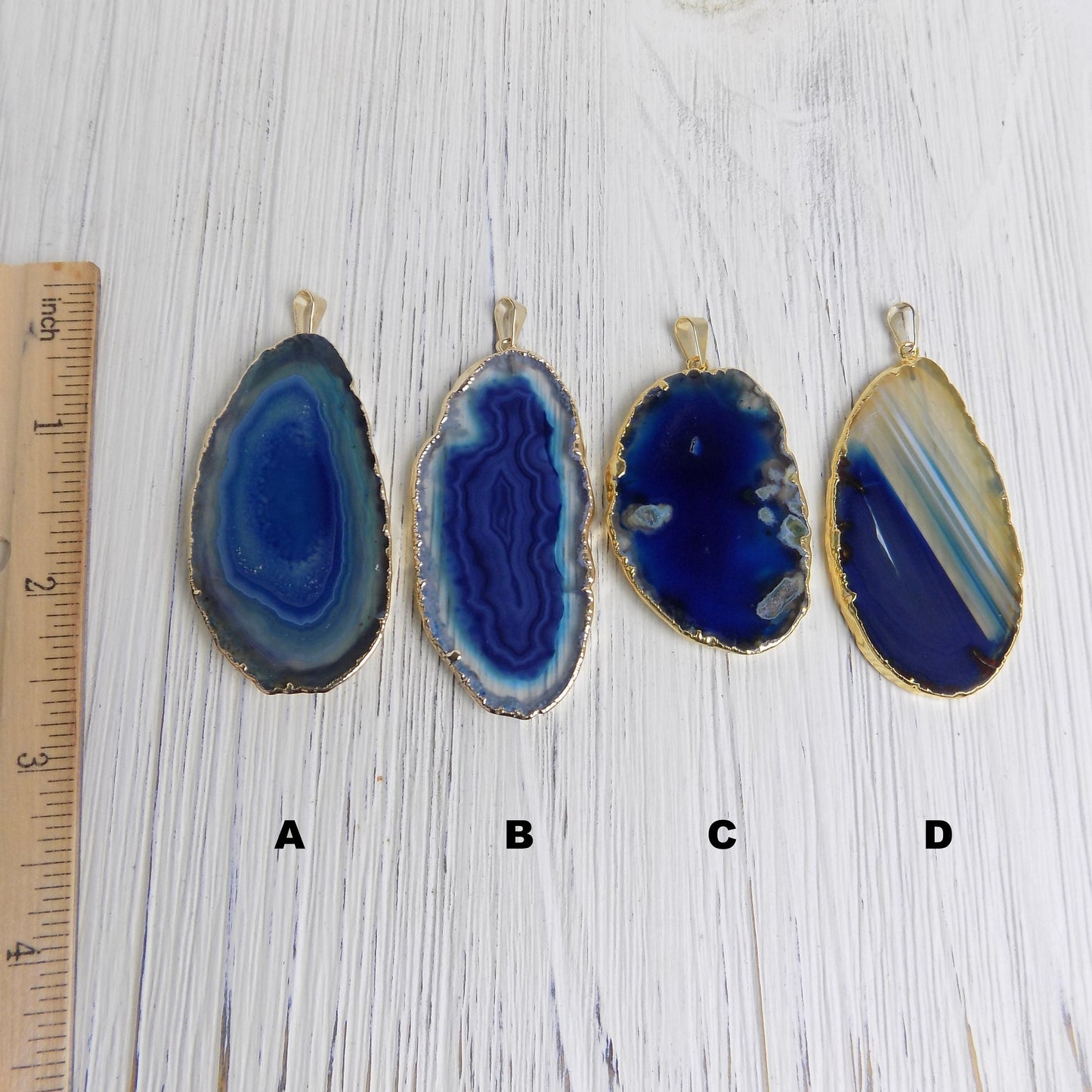 Gold Agate Necklace Blue - Slice Agate Pendant Gemstone Necklace Large