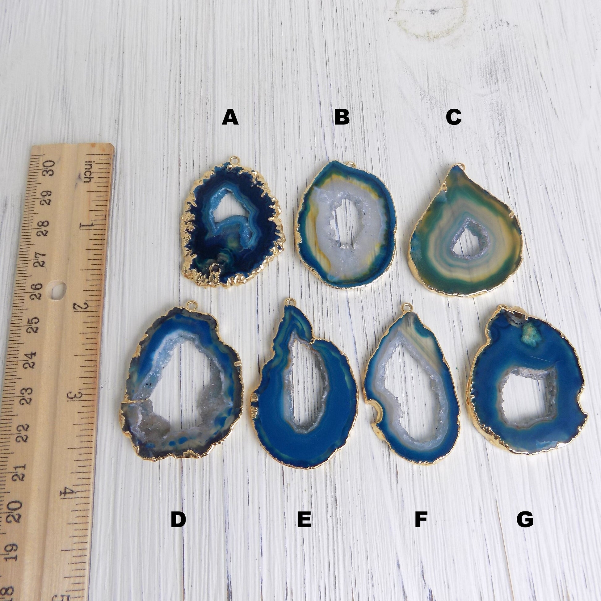 Teal Geode Slice Crystal Necklace With Custom Initial on Gold Chain, Gift For Mom, G13-302