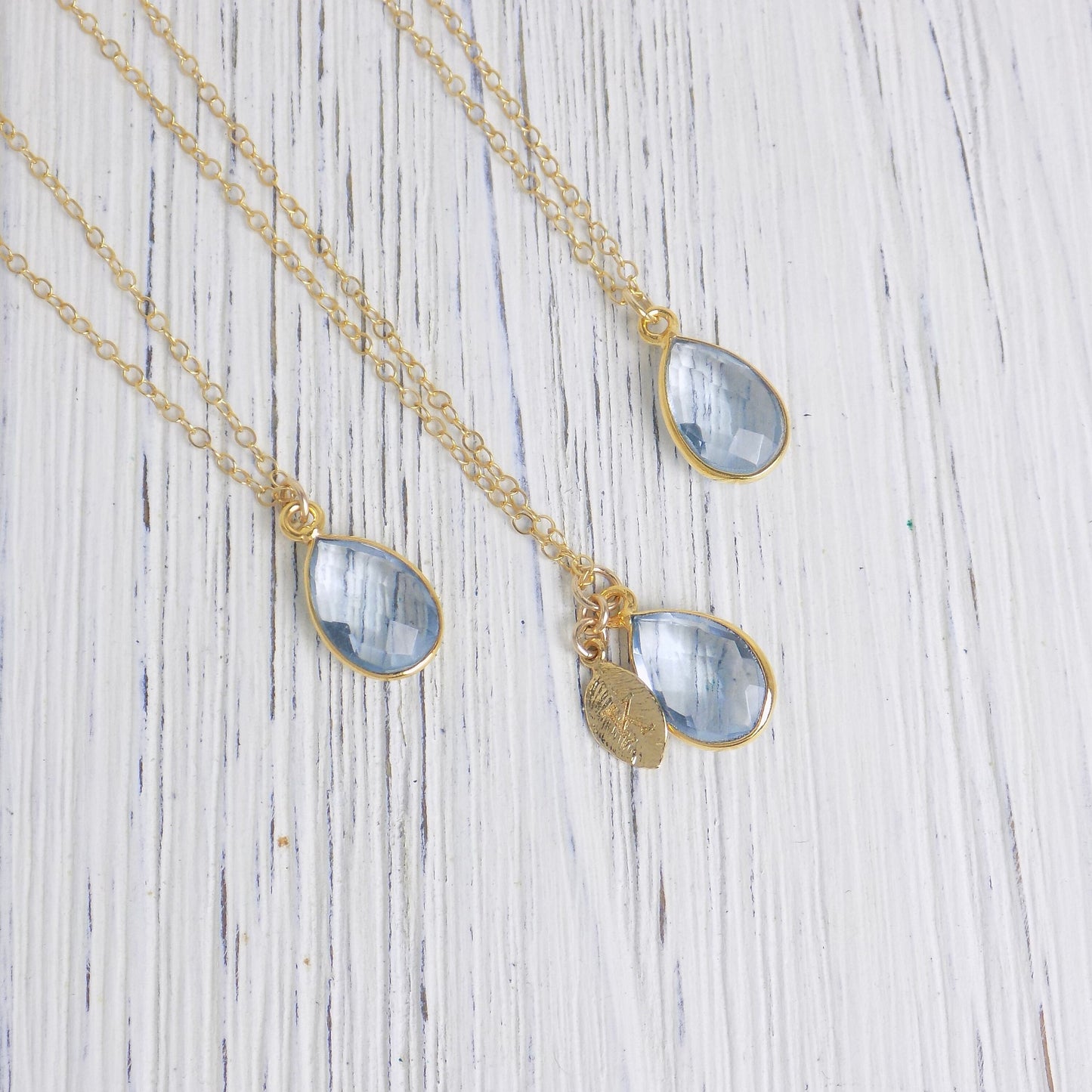 March Birthstone Aquamarine Necklace with Personalized Initial Charm on 14K Gold Filled Chain, Light Blue Crystal Pendant, M5-347