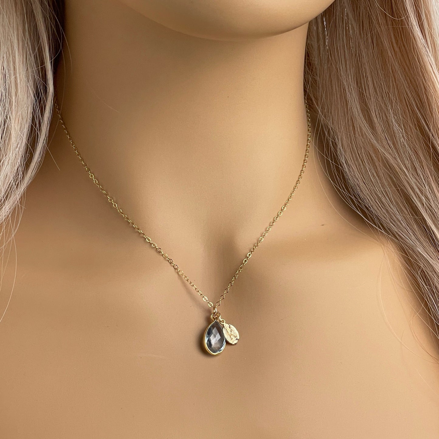 March Birthstone Aquamarine Necklace with Personalized Initial Charm on 14K Gold Filled Chain, Light Blue Crystal Pendant, M5-347
