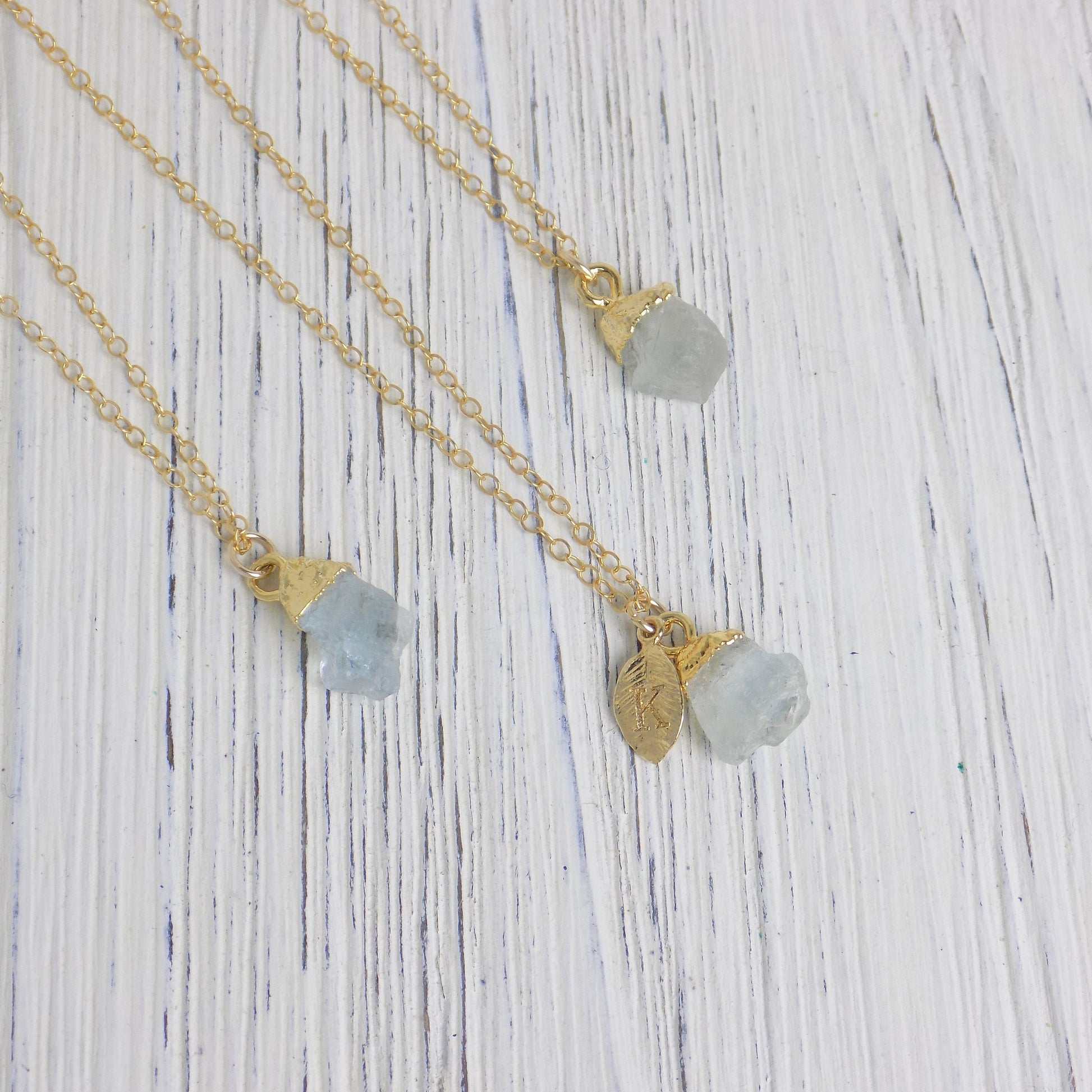 March Birthstone Necklace, Raw Aquamarine Necklace Personalized Initial, Small Rough Aquamarine Pendant, Gifts For Her, G13-551