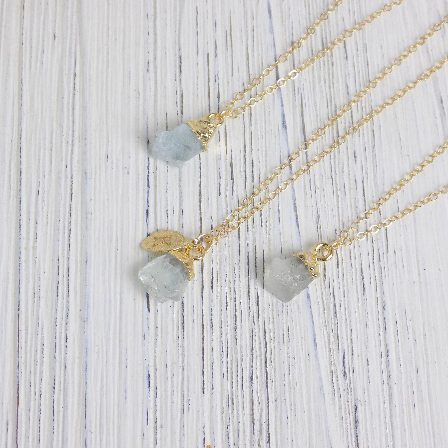 March Birthstone Necklace, Raw Aquamarine Necklace Personalized Initial, Small Rough Aquamarine Pendant, Gifts For Her, G13-551