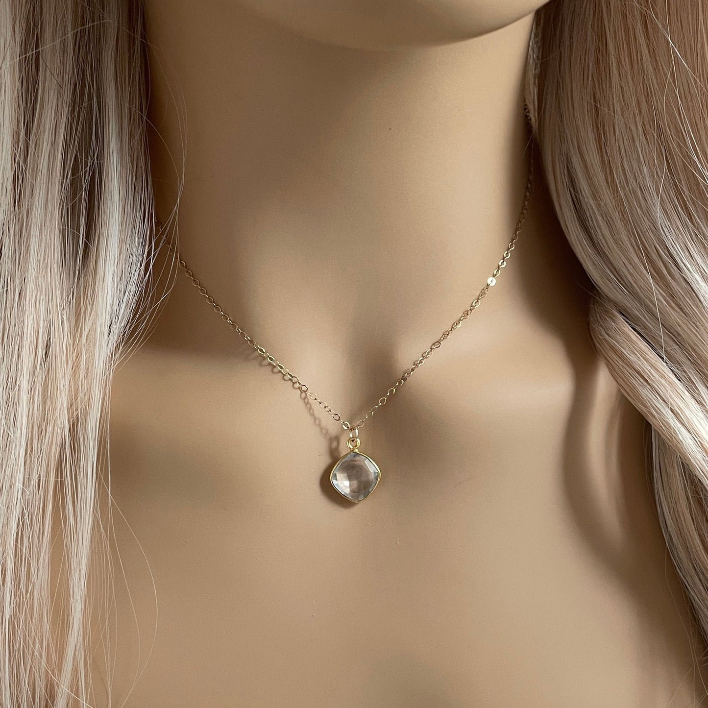 April Birthstone Natural Clear Crystal Gemstone Necklace Gold with Custom Initial, Gift For Mom, M6-60