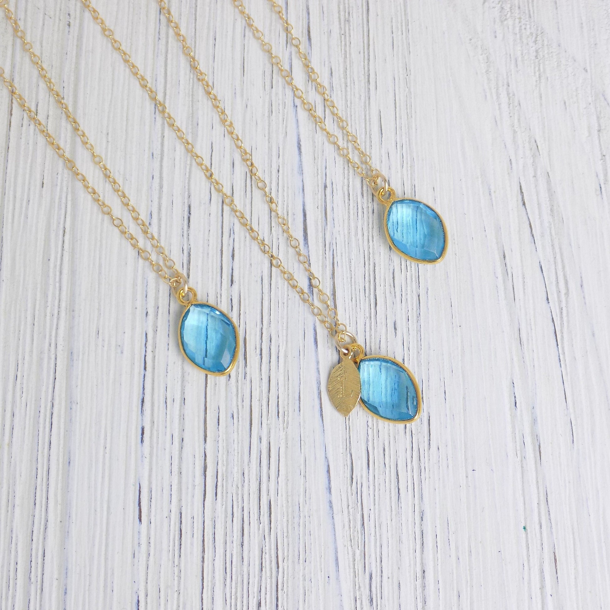 Swiss Blue Topaz Necklace Gold, Personalized Initial Charm, Blue Crystal Pendant Marquise, Christmas Gifts For Best Friend, M5-555