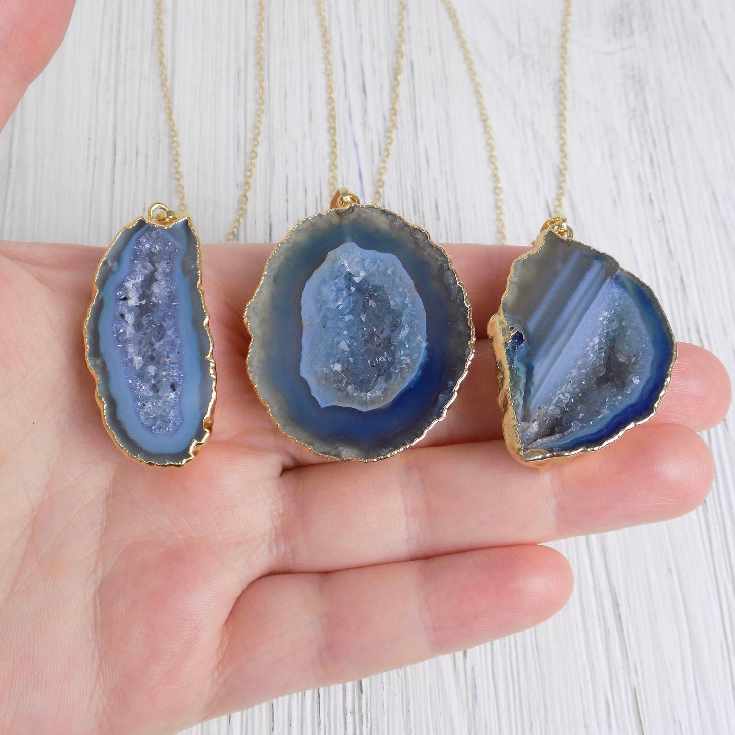 Unique Teacher Gift, Geode Necklace, Light Blue Druzy Necklace, Boho Gemstone Pendant Gold Layer, G13-397