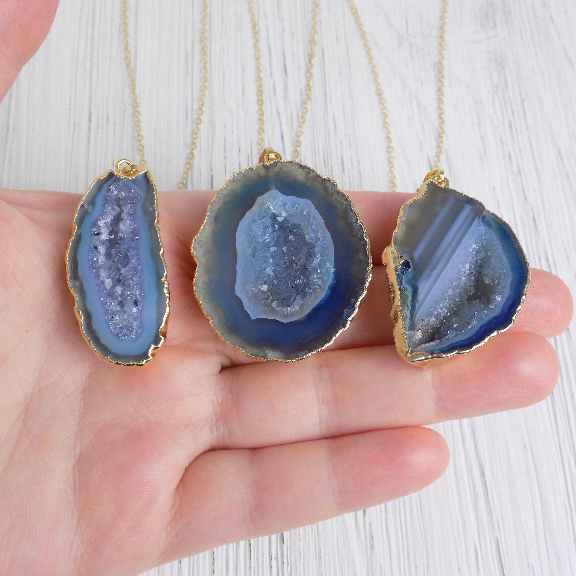 Unique Teacher Gift, Geode Necklace, Light Blue Druzy Necklace, Boho Gemstone Pendant Gold Layer, G13-397