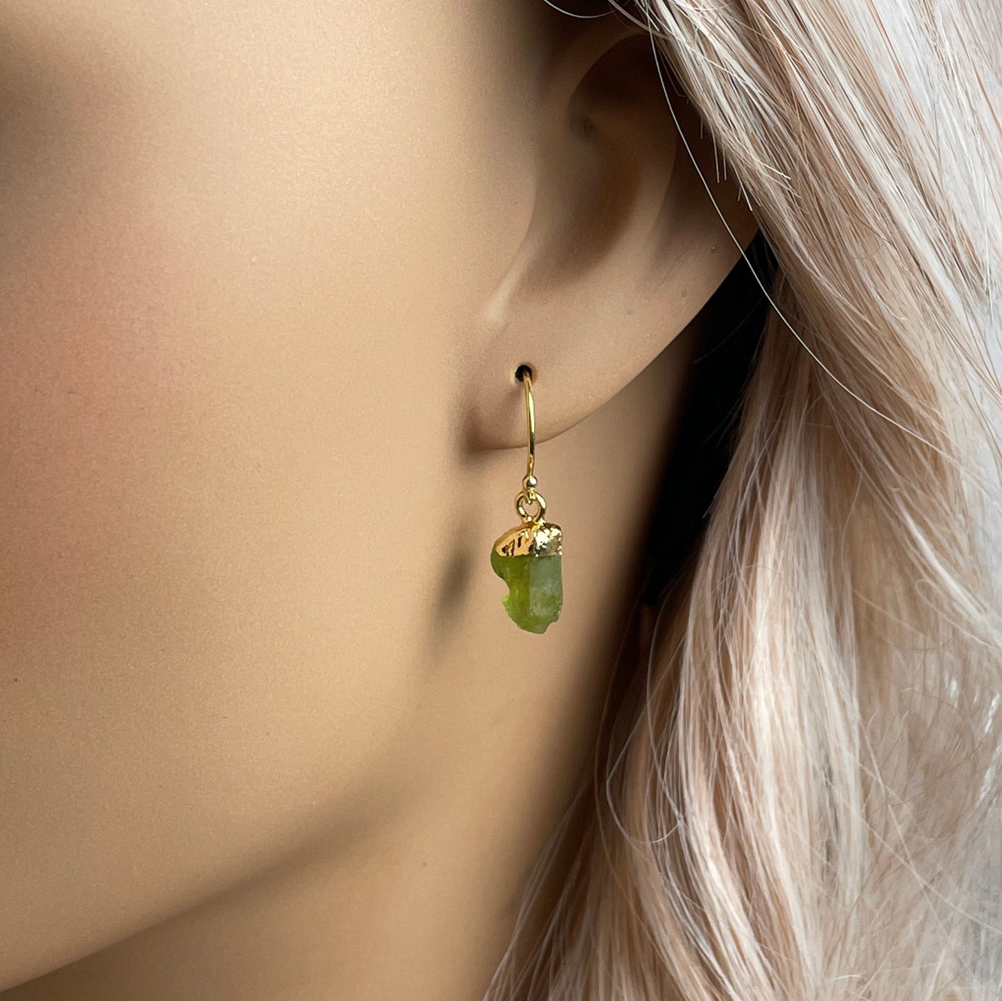 Small Raw Peridot Gemstone Earrings Gold, Rough Green Stone Drop Dangle, August Birthday Gift, M7-41