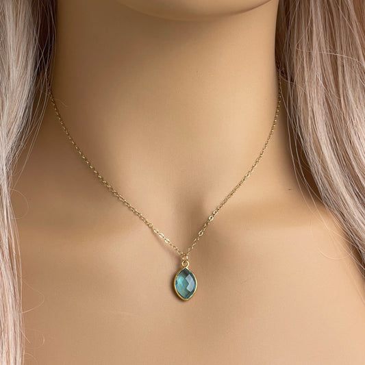 Swiss Blue Topaz Necklace Gold, Personalized Initial Charm, Blue Crystal Pendant Marquise, Christmas Gifts For Best Friend, M5-555