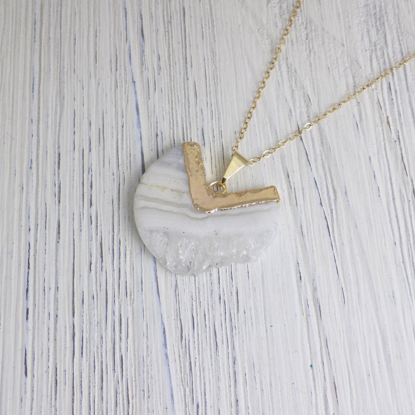 Unique Amethyst Necklace Gold, White Druzy Pendant, Large Statement Crystal Boho, Christmas Gift For Her, G13-442