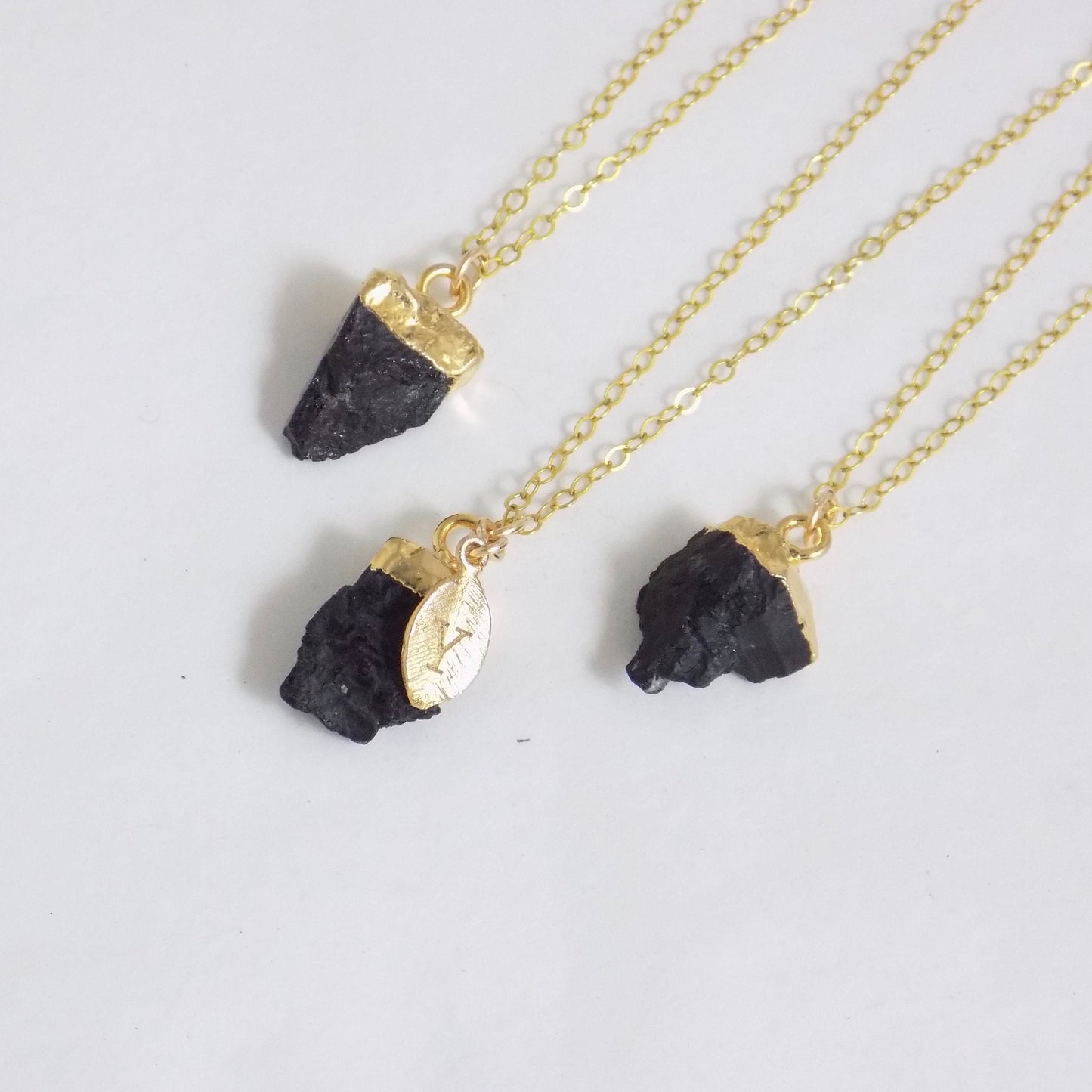 Small Black Tourmaline Necklace Gold, Personalized Raw Tourmaline Pendant, Christmas Gift Women, M4-400