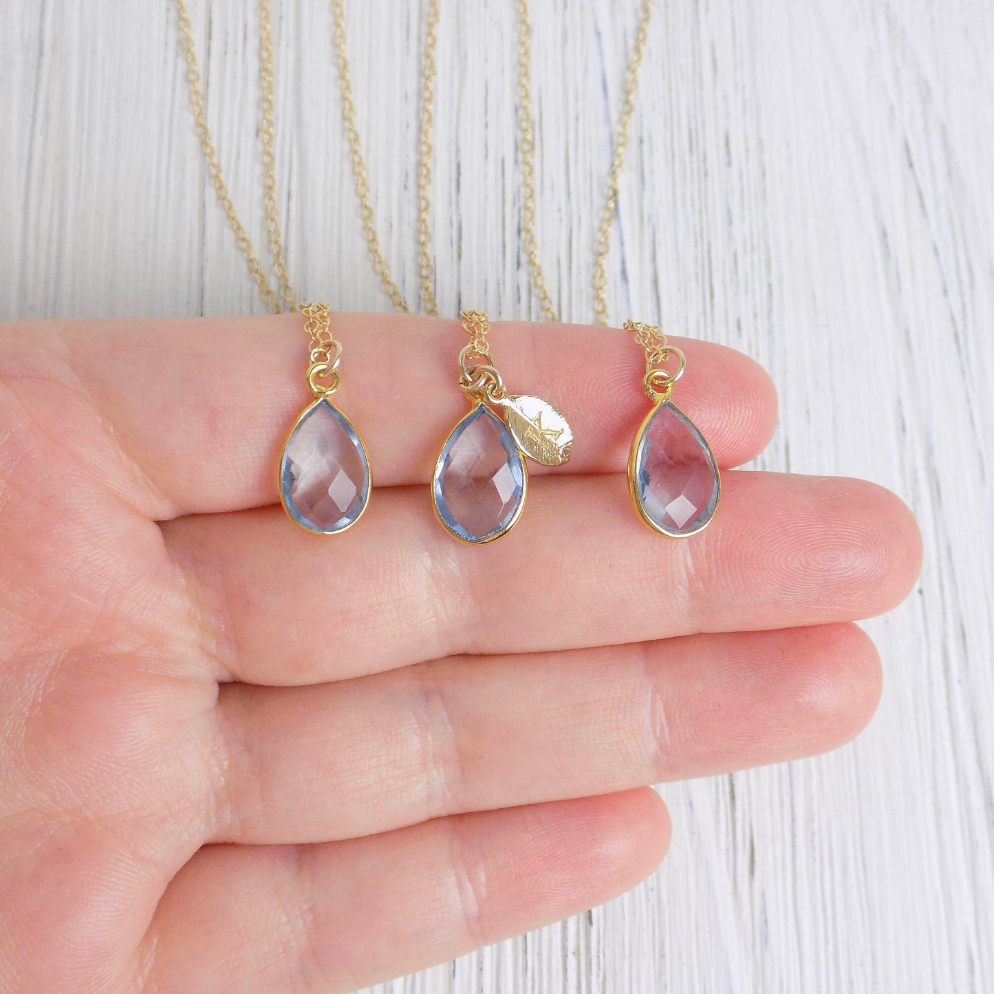 March Birthstone Aquamarine Necklace with Personalized Initial Charm on 14K Gold Filled Chain, Light Blue Crystal Pendant, M5-347