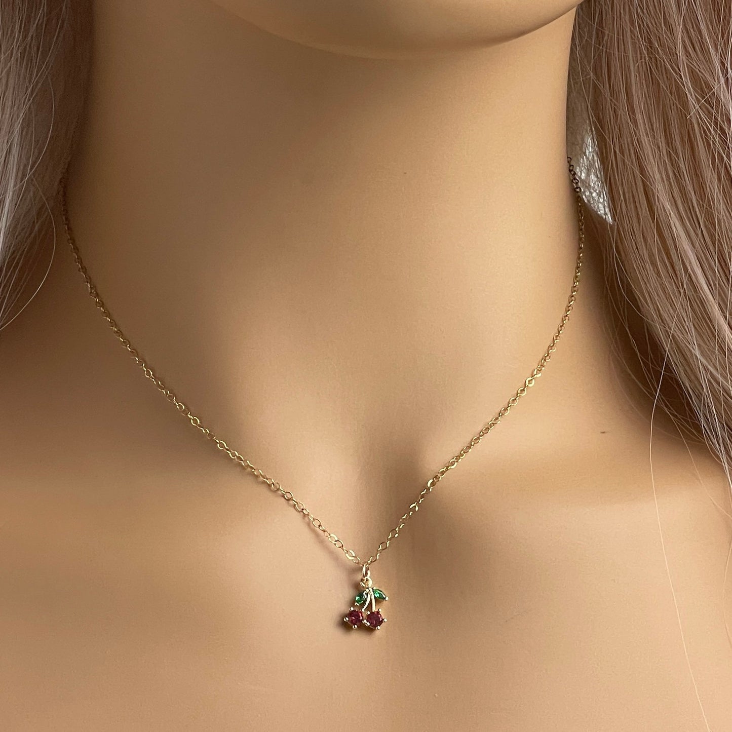 Tiny Cherry Necklace Gold, Small Zircon Red Cherry Charm Necklace, Dainty Gold Layer, 14K Gold Filled Chain, Gifts For Her, M6-32