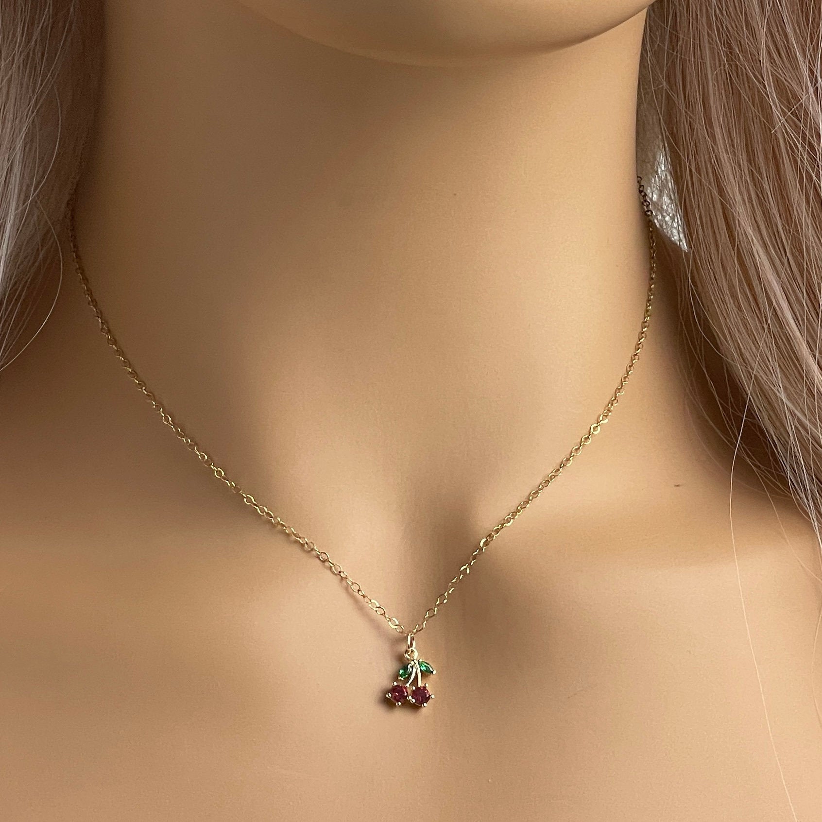Tiny Cherry Necklace Gold, Small Zircon Red Cherry Charm Necklace, Dainty Gold Layer, 14K Gold Filled Chain, Gifts For Her, M6-32