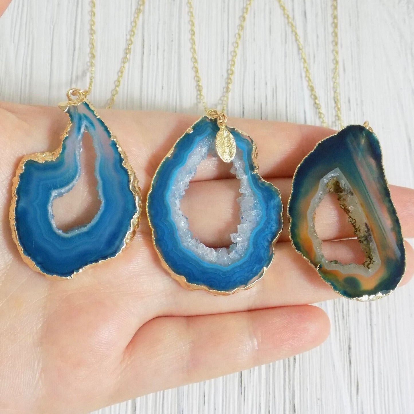 Teal Geode Slice Crystal Necklace With Custom Initial on Gold Chain, Gift For Mom, G13-302