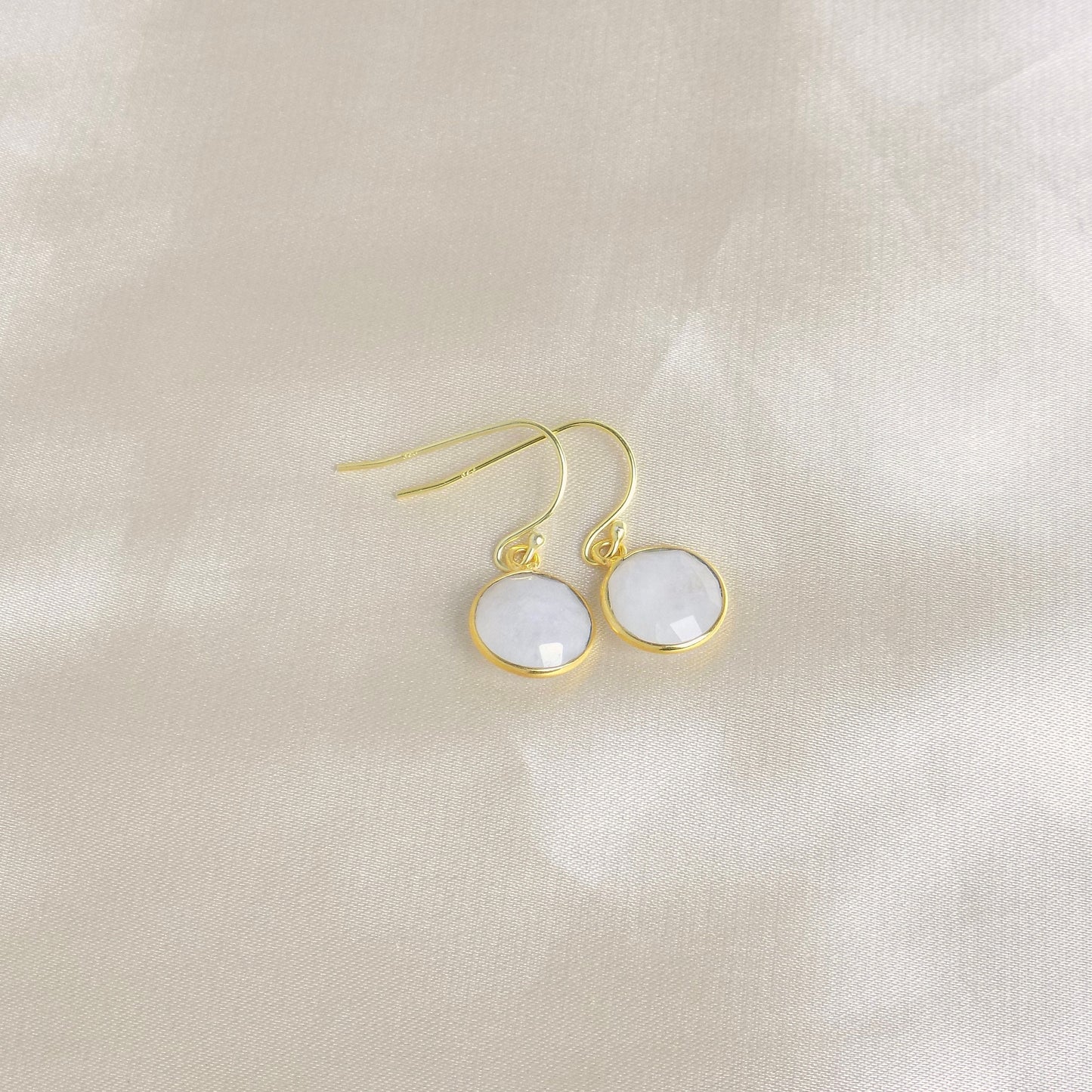 White Crystal Drop Earrings Gold, Moonstone Earrings, Blue Flash, Small Round Faceted Gemstones, Christmas Gifts For Wife, M6-47