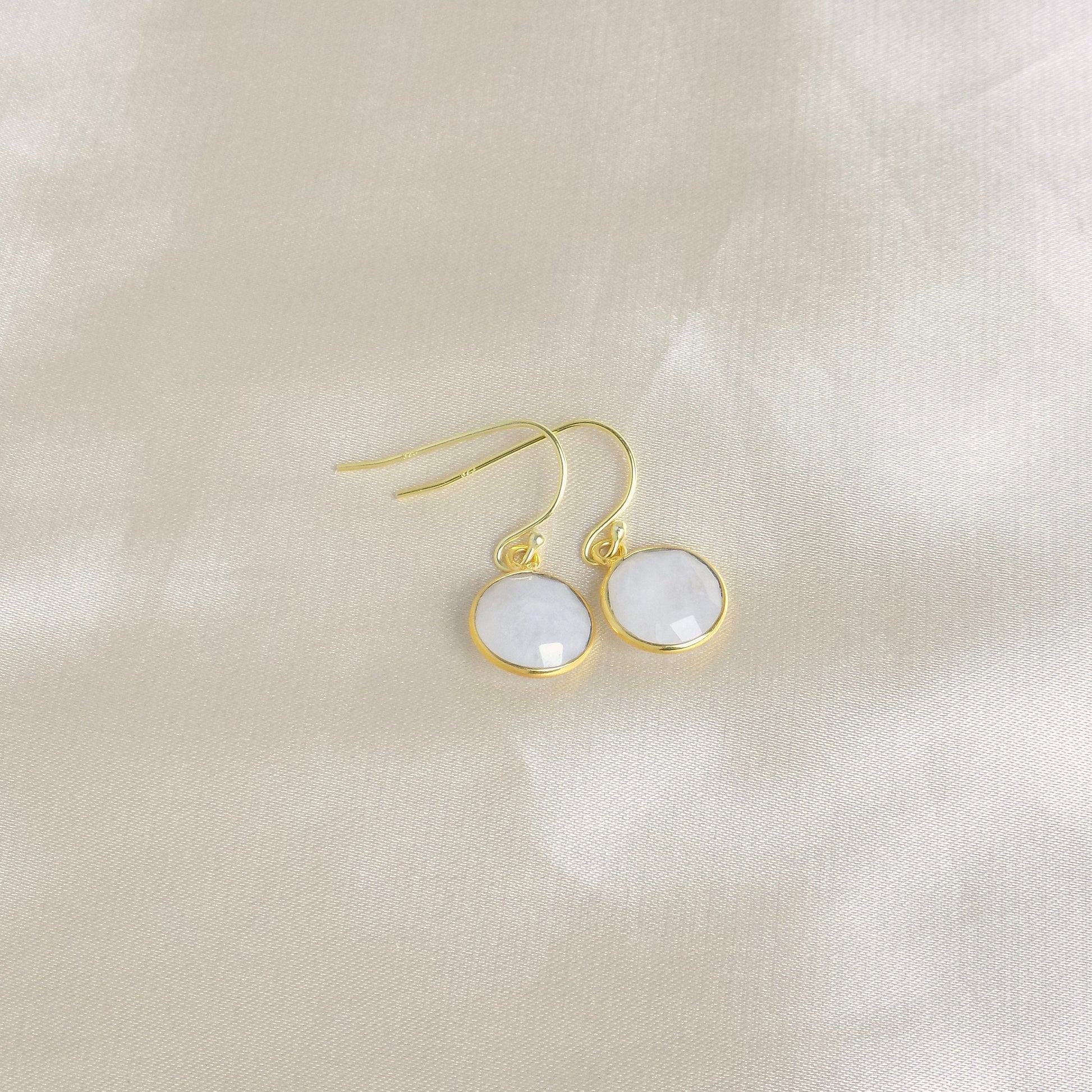 White Crystal Drop Earrings Gold, Moonstone Earrings, Blue Flash, Small Round Faceted Gemstones, Christmas Gifts For Wife, M6-47